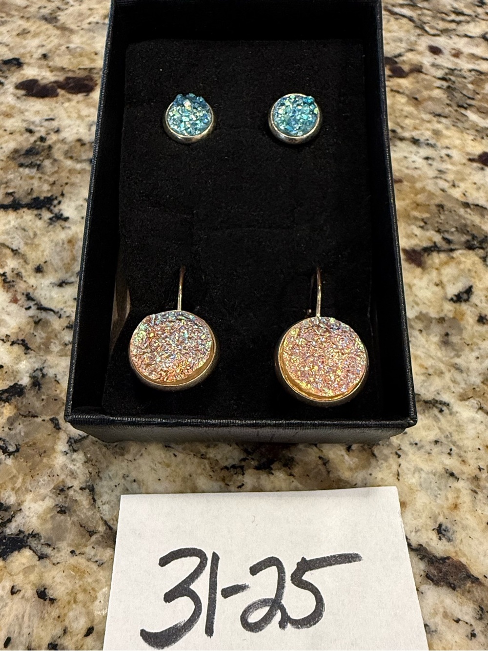 Druzy post earrings pink drop pair & teal post pair set of two - Picture 4 of 5
